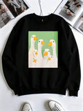 Front view of Adorable Duck Family Print Sweatshirt for All Seasons – Unisex Casual Long Sleeve Pullover Top in Black color