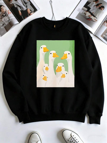 Front view of Adorable Duck Family Print Sweatshirt for All Seasons – Unisex Casual Long Sleeve Pullover Top in Black color