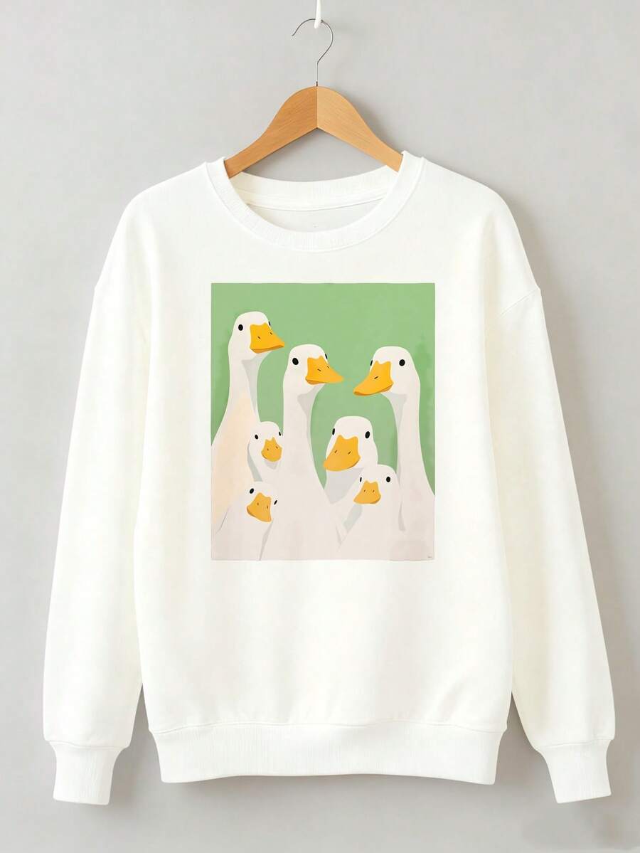 Front view of Adorable Duck Family Print Sweatshirt for All Seasons – Unisex Casual Long Sleeve Pullover Top in White color