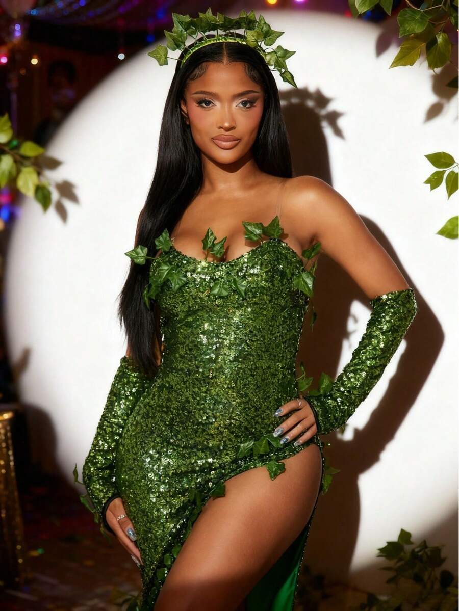 Front three quarter view of green sequin ivy costume with leafy crown appliques and gloves