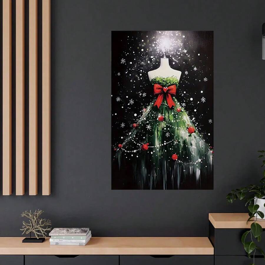 Framed holiday wall art showing a green Christmas tree dress with red bow and snowy black backdrop in a modern dark room