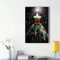 Christmas tree dress canvas print with red ornaments and snowflakes displayed above a console in a bright white room