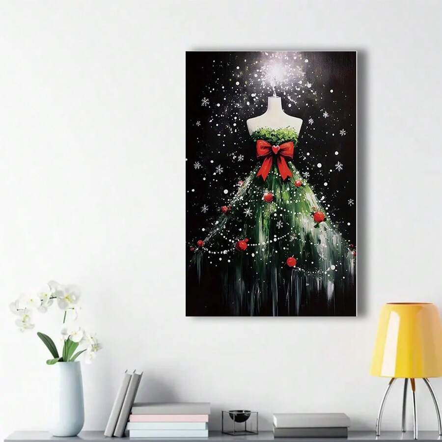 Christmas tree dress canvas print with red ornaments and snowflakes displayed above a console in a bright white room