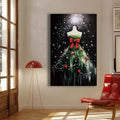 Festive portrait wall print of a green tree-shaped gown with red bow and snowfall, shown in a warm neutral living room