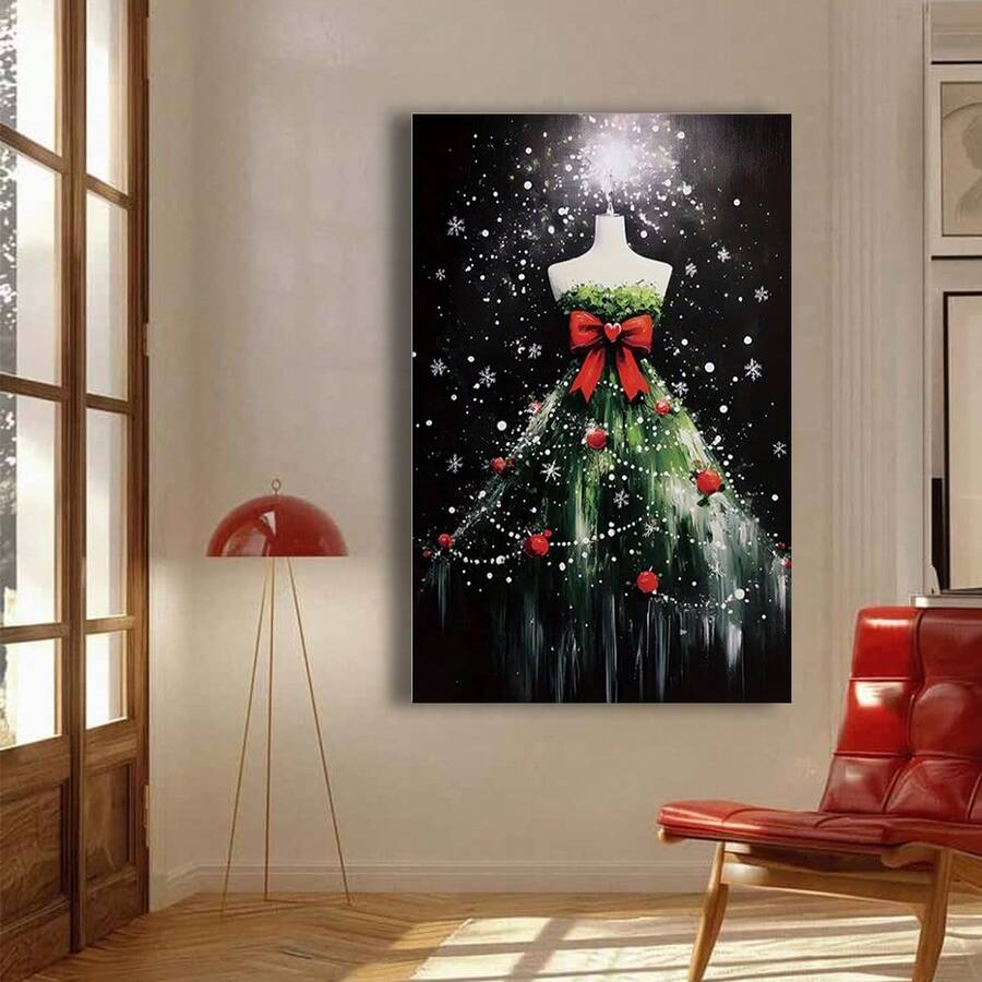 Festive portrait wall print of a green tree-shaped gown with red bow and snowfall, shown in a warm neutral living room