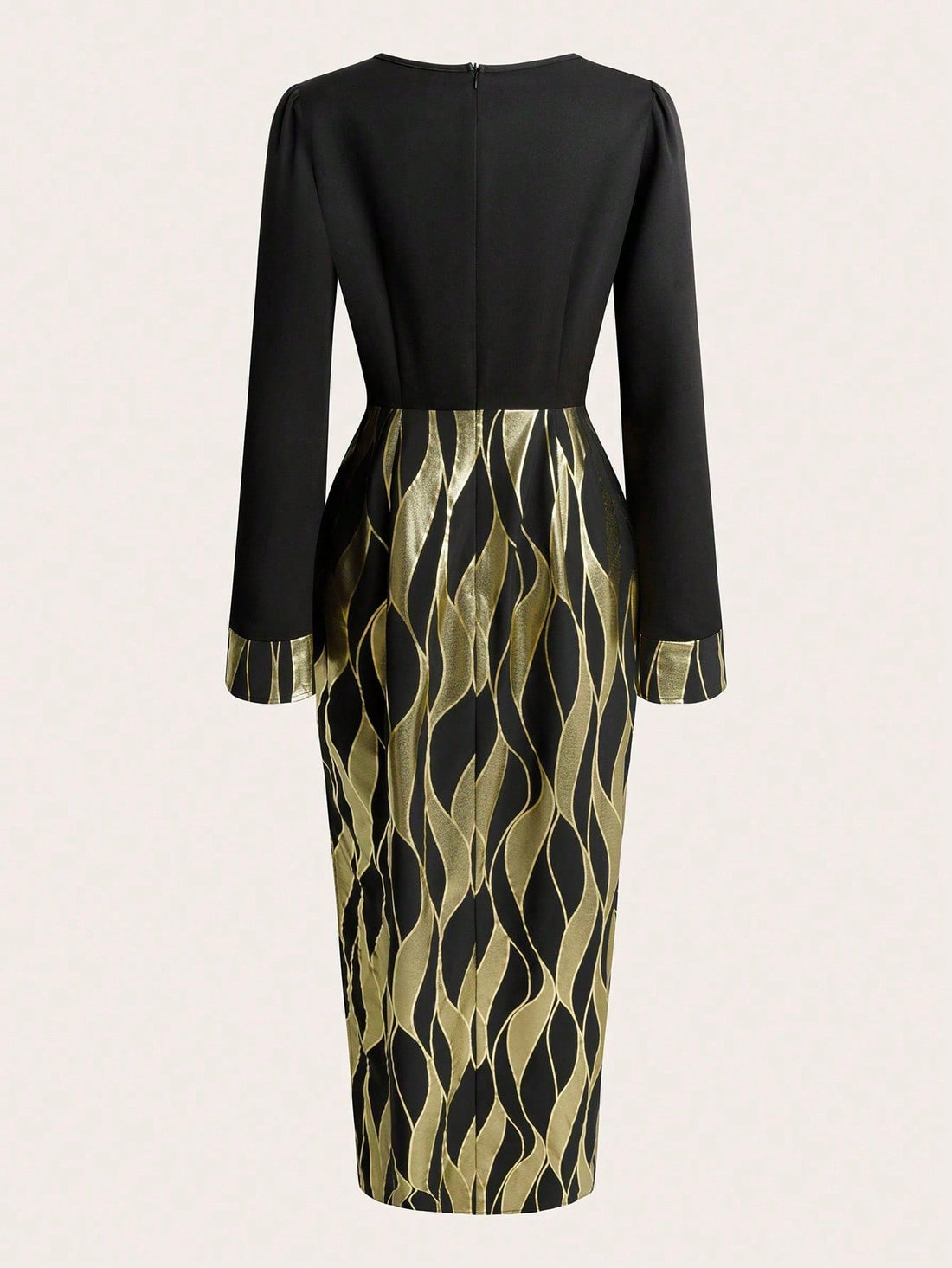 Make a bold statement with this stunning black dress featuring eye-catching gold foil patchwork details. The striking contrast between rich black fabric and shimmering gold accents creates an effortlessly chic look that transitions seamlessly from day to night. Perfect for anyone who loves mixing elegance with a touch of sparkle, this dress combines sophisticated style with playful flair. Whether you're heading to a special occasion or elevating your everyday wardrobe, this piece delivers instant glamour an