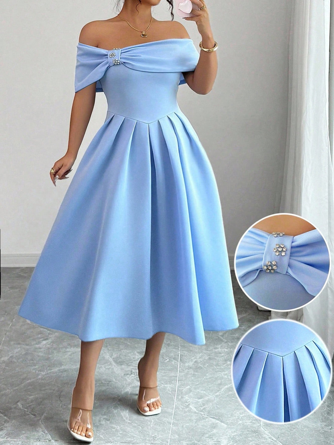 Slip into effortless sophistication with this stunning off-shoulder pleated dress that celebrates curves with style. The graceful draping and timeless solid color create a flattering silhouette perfect for date nights, celebrations, or whenever you want to feel absolutely fabulous. Pleated details add movement and dimension, while the off-shoulder neckline brings that touch of modern elegance. Whether you're heading to brunch or turning heads at an event, this chic piece proves that confidence looks best in