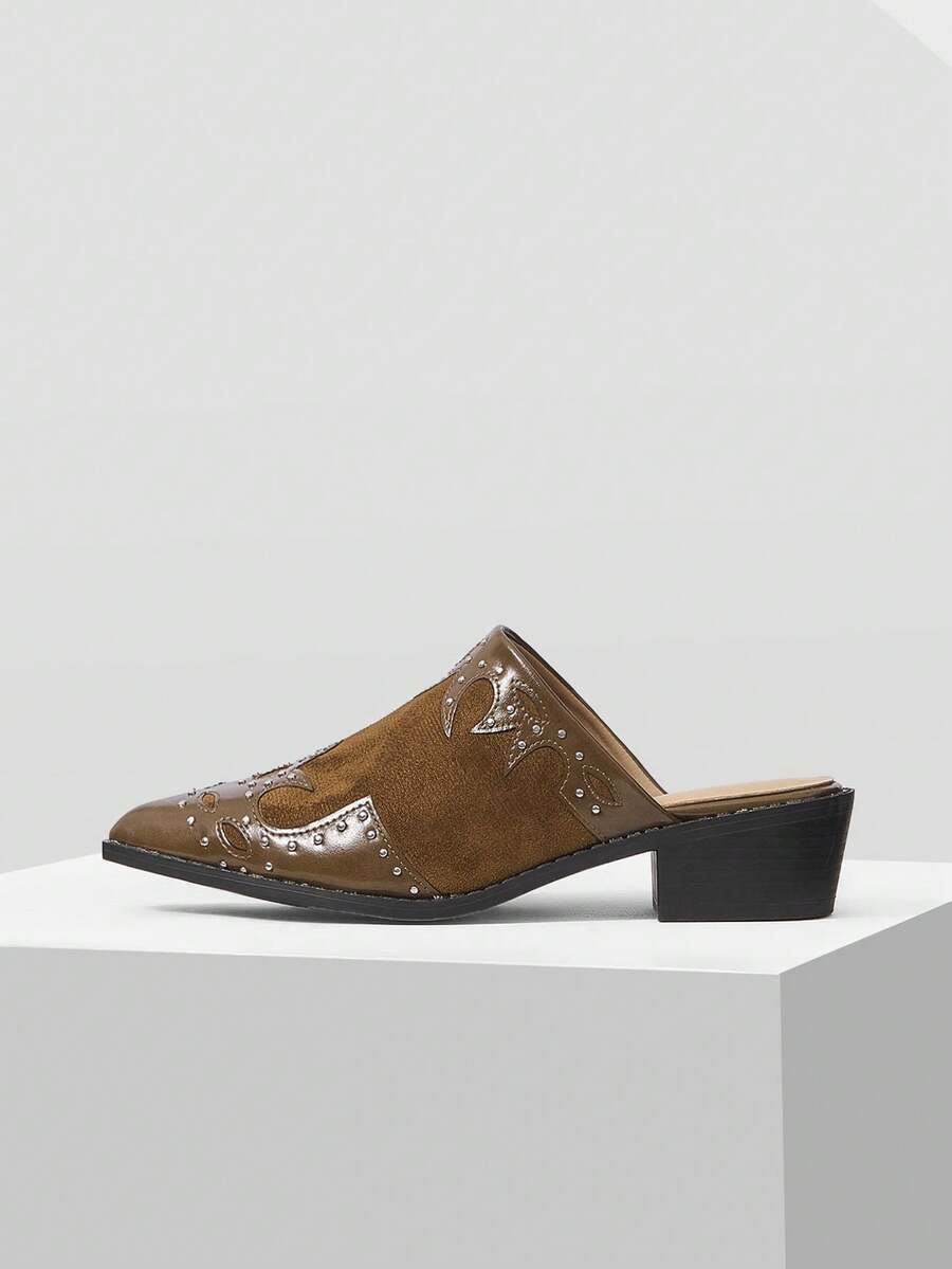 Style view of Chic Mnmlis Textured Patchwork Mule Shoes with Chunky Heels for Stylish Holidays for women styling