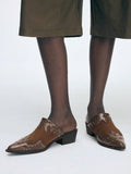 Side view of Women's Textured Patchwork Mule Slip-On Shoes with Chunky Heels for Festive Holiday Style for punk motorcycle boot styling