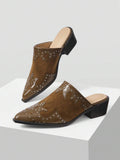 Back view of Chic Mnmlis Textured Patchwork Mule Shoes with Chunky Heels for Stylish Holidays for women styling