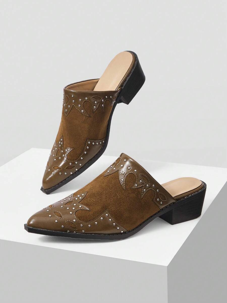 Back view of Chic Mnmlis Textured Patchwork Mule Shoes with Chunky Heels for Stylish Holidays for women styling