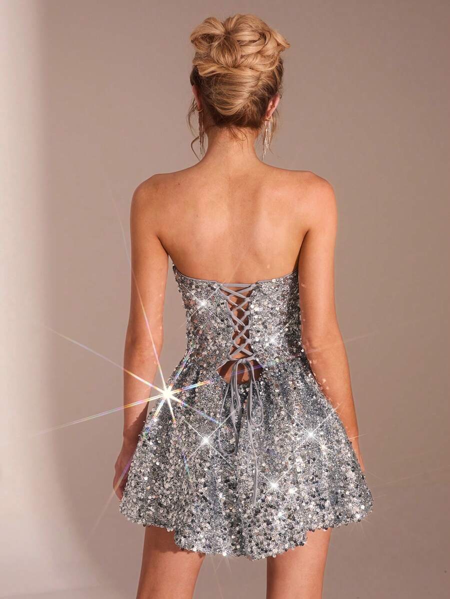 Silver strapless sequin A-line mini dress with fitted bodice