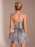 Black strapless sequin party mini dress with skater skirt