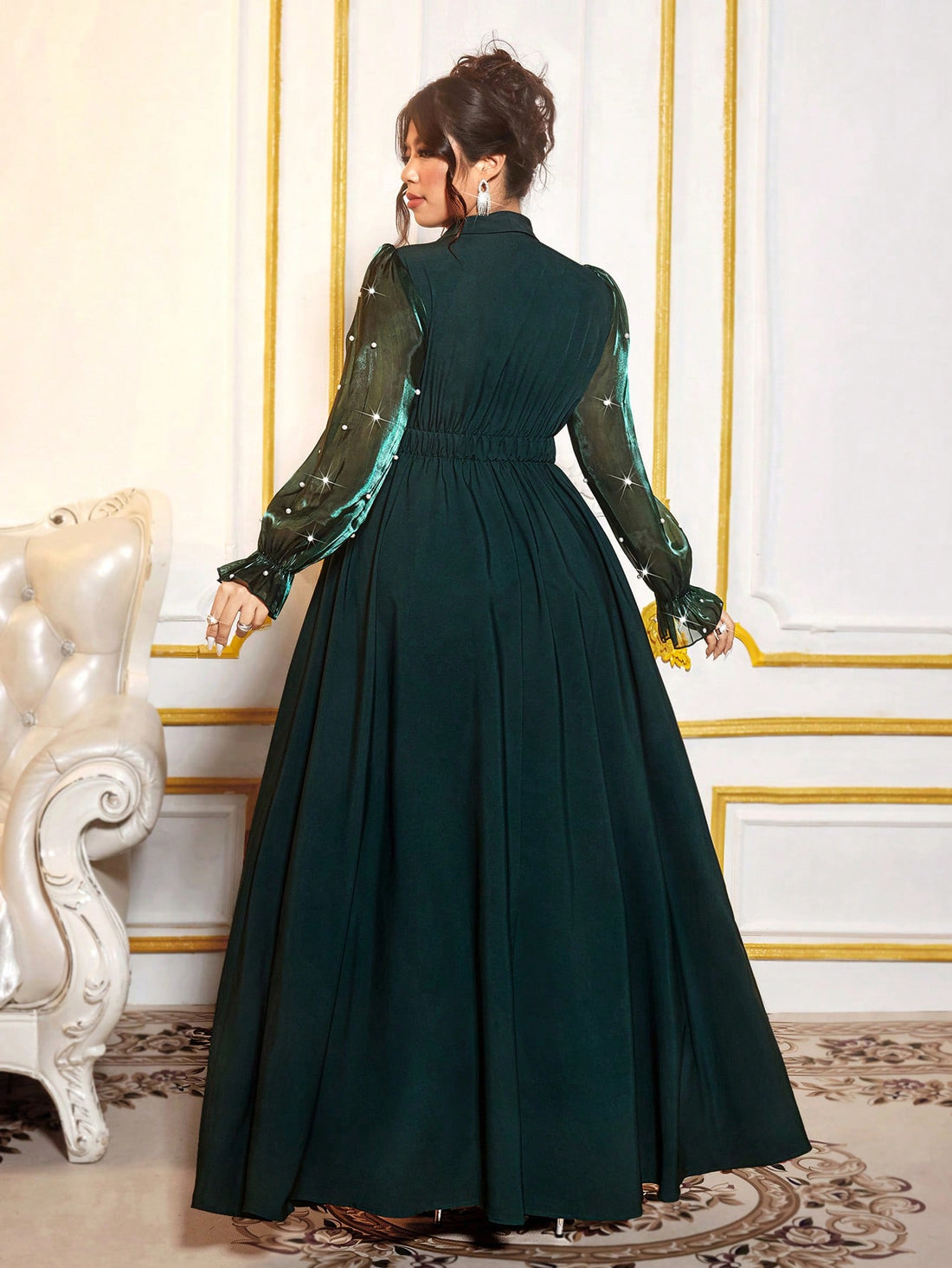 Make a statement in this stunning olive green party dress that celebrates your curves with effortless glamour. Sheer long sleeves adorned with delicate beading create an enchanting, sophisticated look perfect for any special occasion. The flowing silhouette flatters your figure while the rich jewel tone adds an air of elegance and mystery. Whether you're heading to a gala, wedding, or night out, this plus-size beauty ensures you'll turn heads and feel absolutely fabulous from the moment you slip it on.
