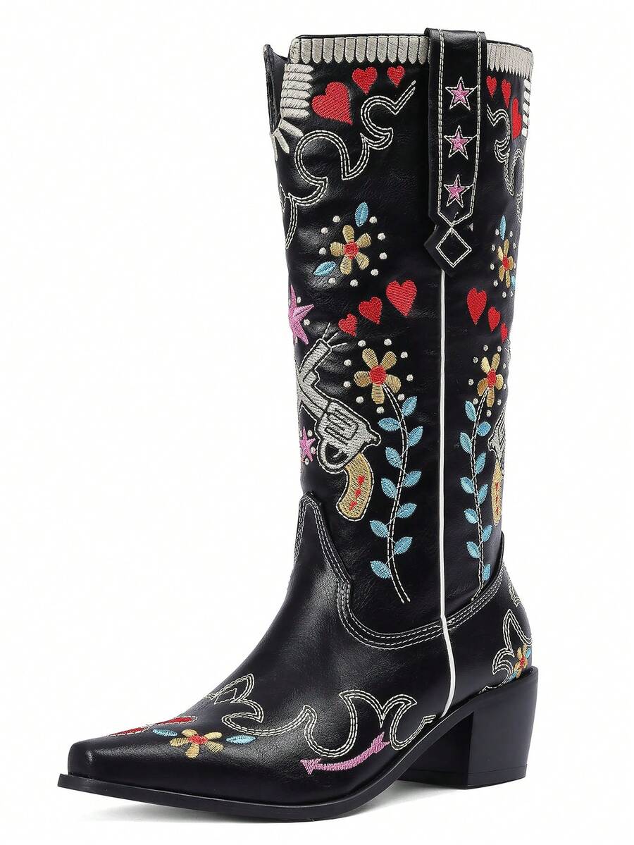 Front view of White Embroidered Chunky Heel Western Boots for Women - Floral Heart Mid-Calf Slip-On Riding Booties for Spring for punk motorcycle boot styling