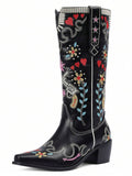 Side view of White Embroidered Chunky Heel Western Boots for Women - Floral Heart Mid-Calf Slip-On Riding Booties for Spring for punk motorcycle boot styling