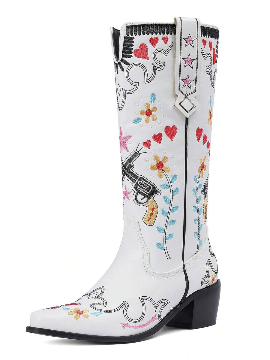 Color option view of White Embroidered Chunky Heel Western Boots for Women - Floral Heart Mid-Calf Slip-On Riding Booties for Spring for punk motorcycle boot styling