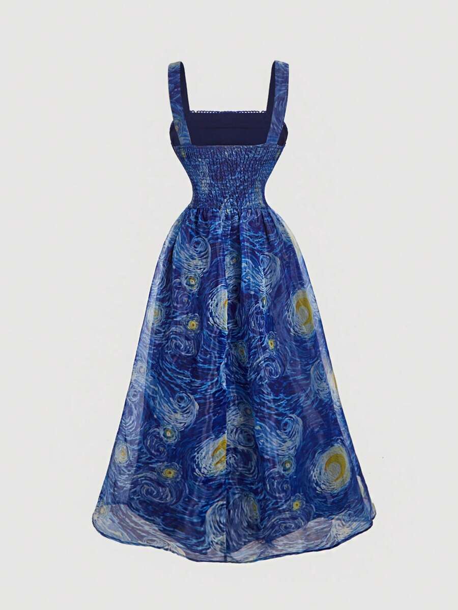 Inspired by Van Gogh's iconic starry night palette, this stunning blue galaxy dress brings artistic elegance to your wardrobe. The sleeveless cami silhouette features delicate straps, a flattering high waist, and a gracefully flared hem that moves with you. Shirred detailing and a hidden zipper add refined touches, while the lined construction ensures comfort and confidence. Perfect for parties, holiday celebrations, and garden events, this dress transitions beautifully from day to evening. 