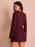 Burgundy 2 Piece Blazer and Mini Skirt Set with Deep V Neck for Office 