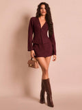 Burgundy 2 Piece Blazer and Mini Skirt Set with Deep V Neck for Office 