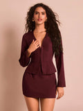 Burgundy 2 Piece Blazer and Mini Skirt Set with Deep V Neck for Office 