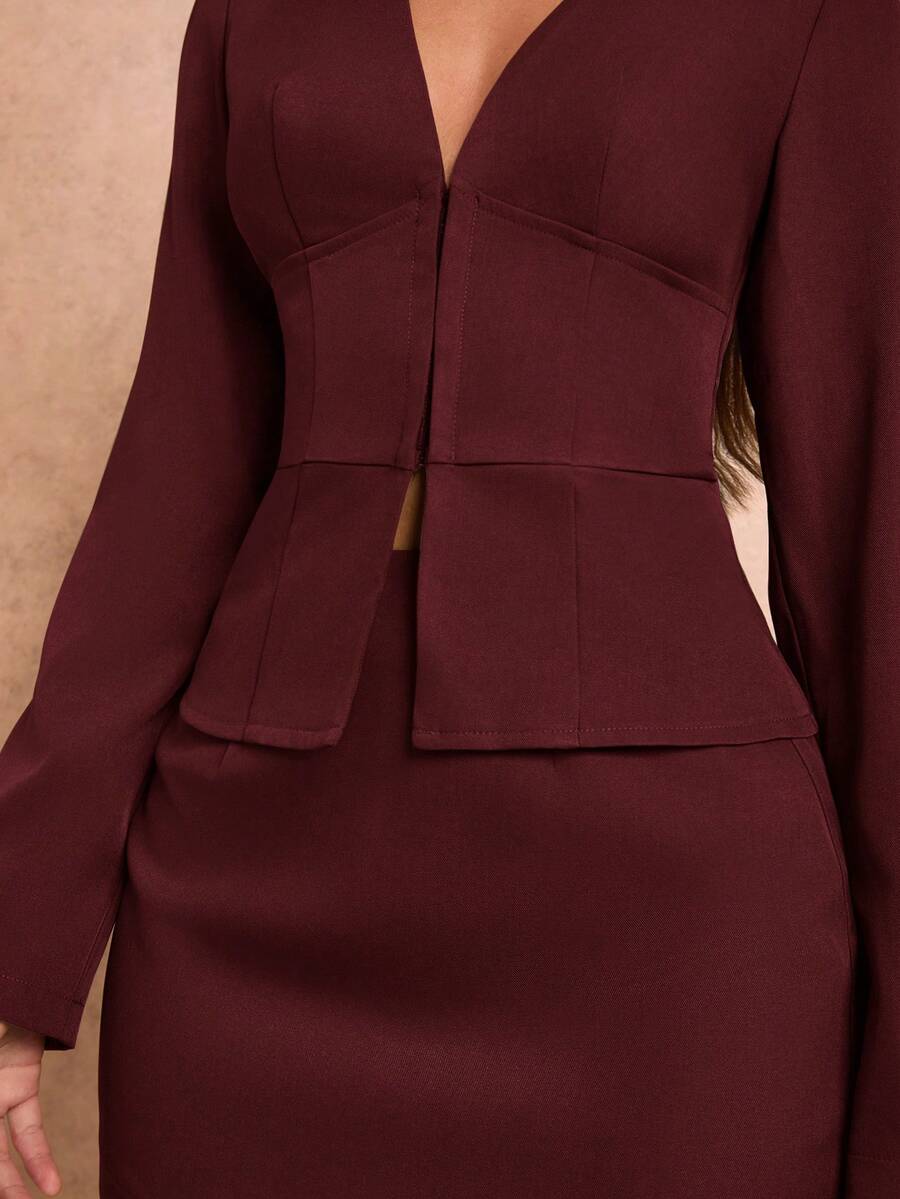Burgundy 2 Piece Blazer and Mini Skirt Set with Deep V Neck for Office 