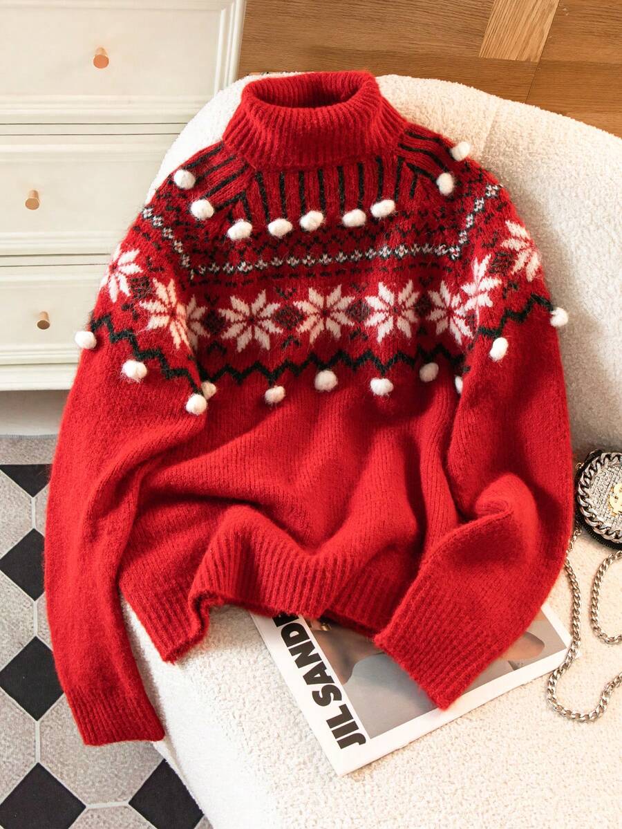 Front view of Women's Christmas Pompom Turtleneck Sweater with Raglan Sleeves for Autumn and Winter in Red color