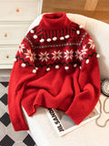 Front view of Women's Christmas Pompom Turtleneck Sweater with Raglan Sleeves for Autumn and Winter in Red color