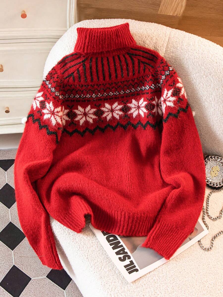 Front view of Women's Christmas Pompom Turtleneck Sweater with Raglan Sleeves for Autumn and Winter in Red color