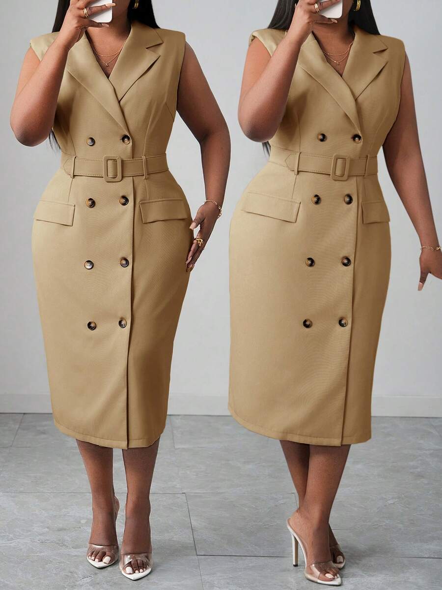 Close-up view of elegant plus size midi dress for spring/summer - khaki double-breasted belted style for work and dates with plus size fit, summer styling for summer casual wear