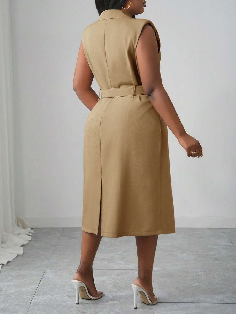 Close-up view of elegant plus size midi dress for spring/summer - khaki double-breasted belted style for work and dates with plus size fit, summer styling for summer casual wear