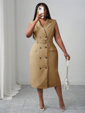 Close-up view of elegant plus size midi dress for spring/summer - khaki double-breasted belted style for work and dates with plus size fit, summer styling for summer casual wear