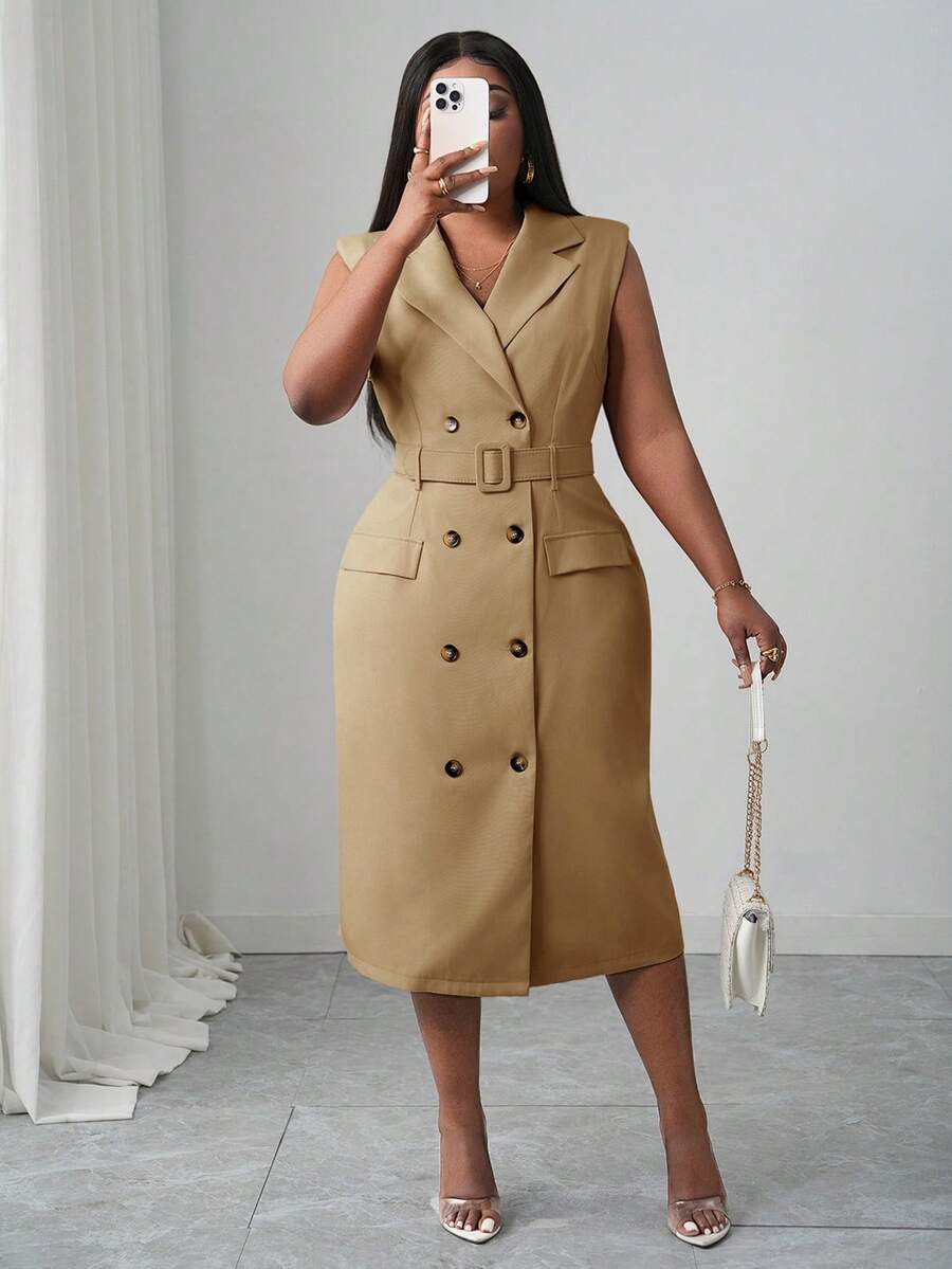 Close-up view of elegant plus size midi dress for spring/summer - khaki double-breasted belted style for work and dates with plus size fit, summer styling for summer casual wear