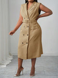 Close-up view of elegant plus size midi dress for spring/summer - khaki double-breasted belted style for work and dates with plus size fit, summer styling for summer casual wear