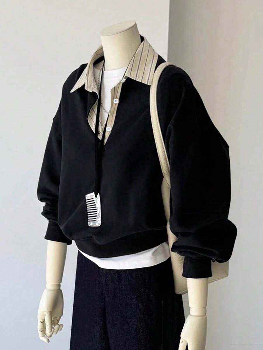 Back view of Women's Striped Long Sleeve Sweatshirt with Classic Shirt Collar long sleeve drop shoulder