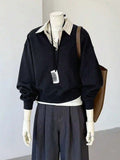 Detail shot of Women's Striped Long Sleeve Sweatshirt with Classic Shirt Collar half placket buttons