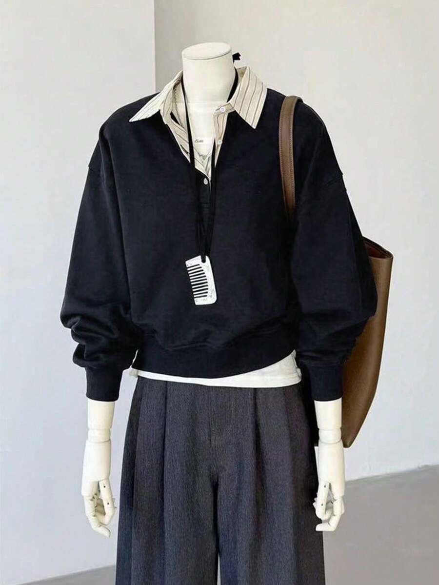 Detail shot of Women's Striped Long Sleeve Sweatshirt with Classic Shirt Collar half placket buttons