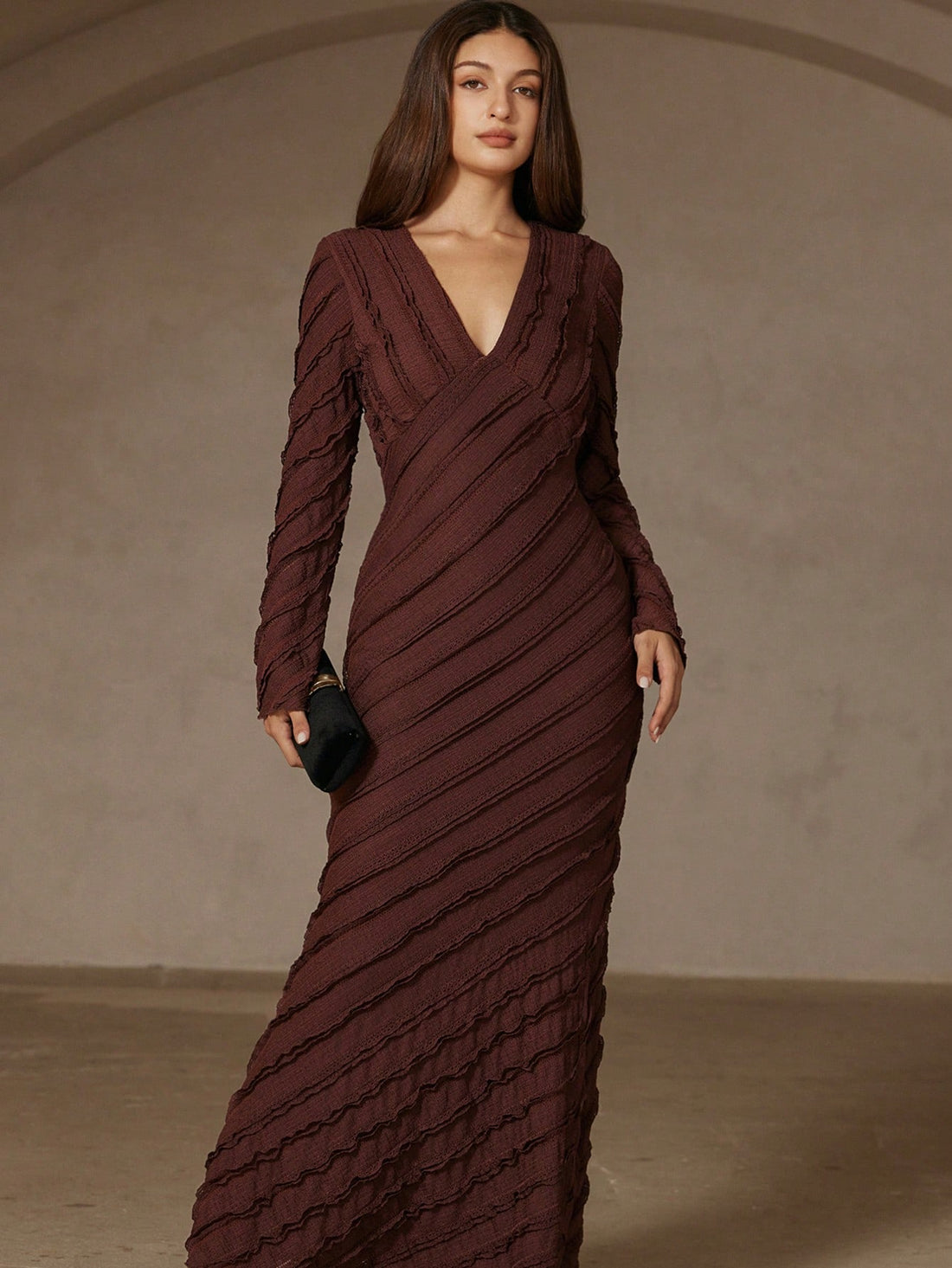 Slip into sophistication with this stunning bodycon dress that hugs you in all the right ways. The daring deep V-neckline commands attention while the graceful mermaid hem adds a touch of drama and movement. Whether you're heading to a cocktail party, date night, or special celebration, this dress transforms you into the most captivating person in the room. The sleek silhouette flatters your curves beautifully, making you feel confident, gorgeous, and absolutely unforgettable. Turn heads and own the moment 