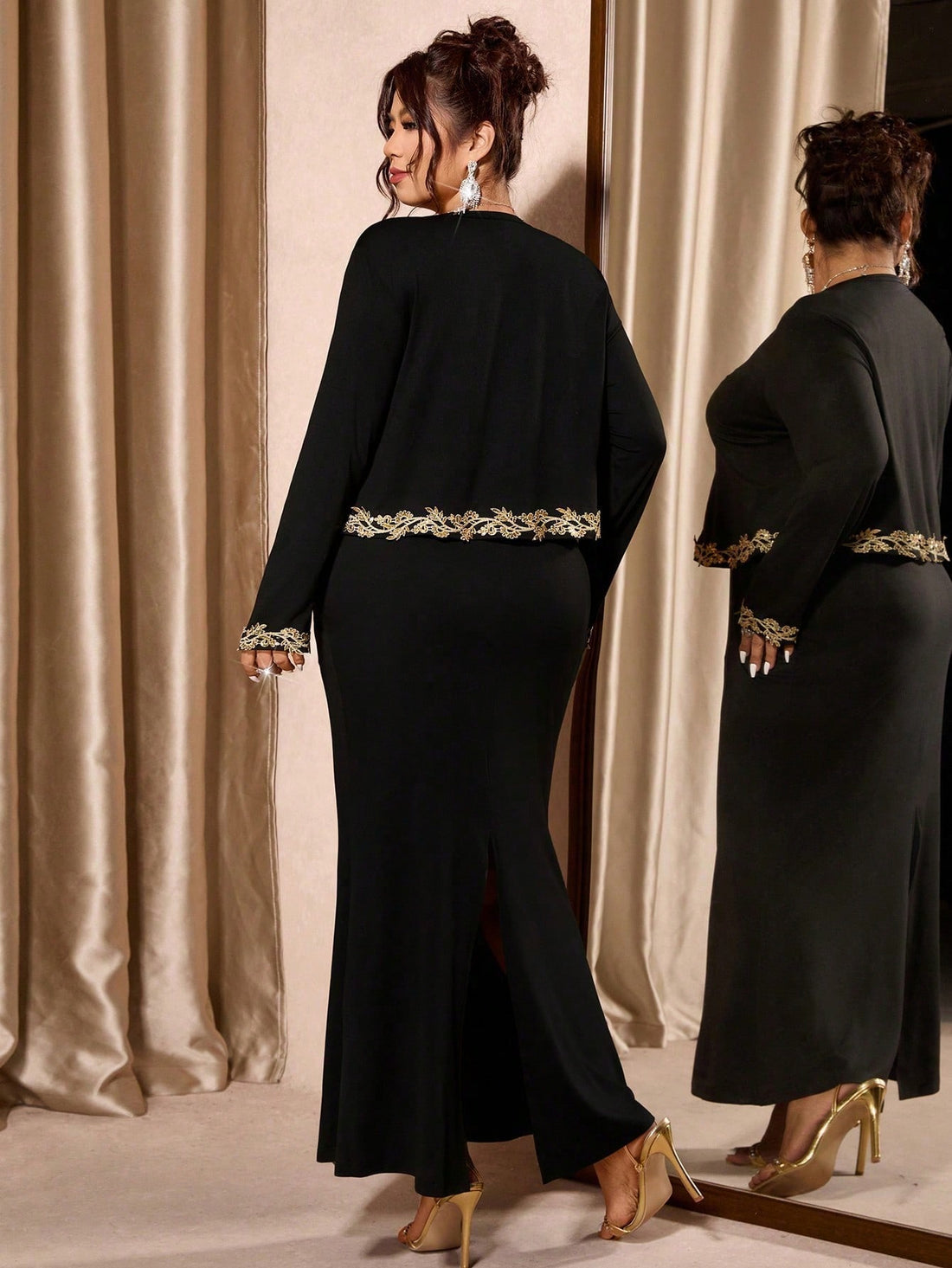 Elevate your wardrobe with this stunning two-piece set designed for the modern woman who loves to make an entrance! The luxe long-sleeve jacket features delicate gold lace trim that catches the light beautifully, while the slip dress boasts a flattering fishtail waist that adds movement and drama to every step. Perfect for date nights, celebrations, or whenever you want to feel absolutely fabulous, this set combines sophistication with playful elegance. Available in plus sizes because style has no limits—ju