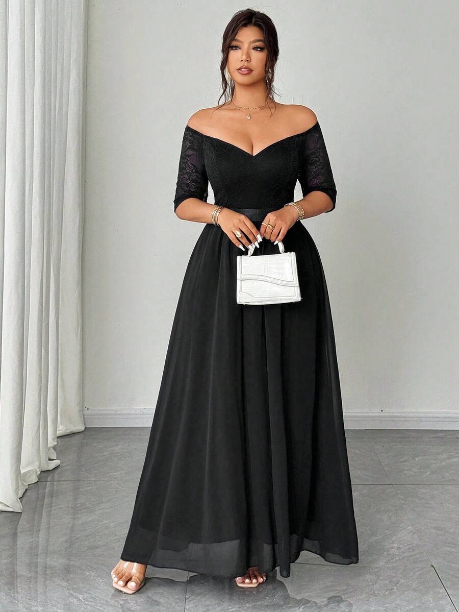 Black off-shoulder lace maxi dress with flowing A-line skirt