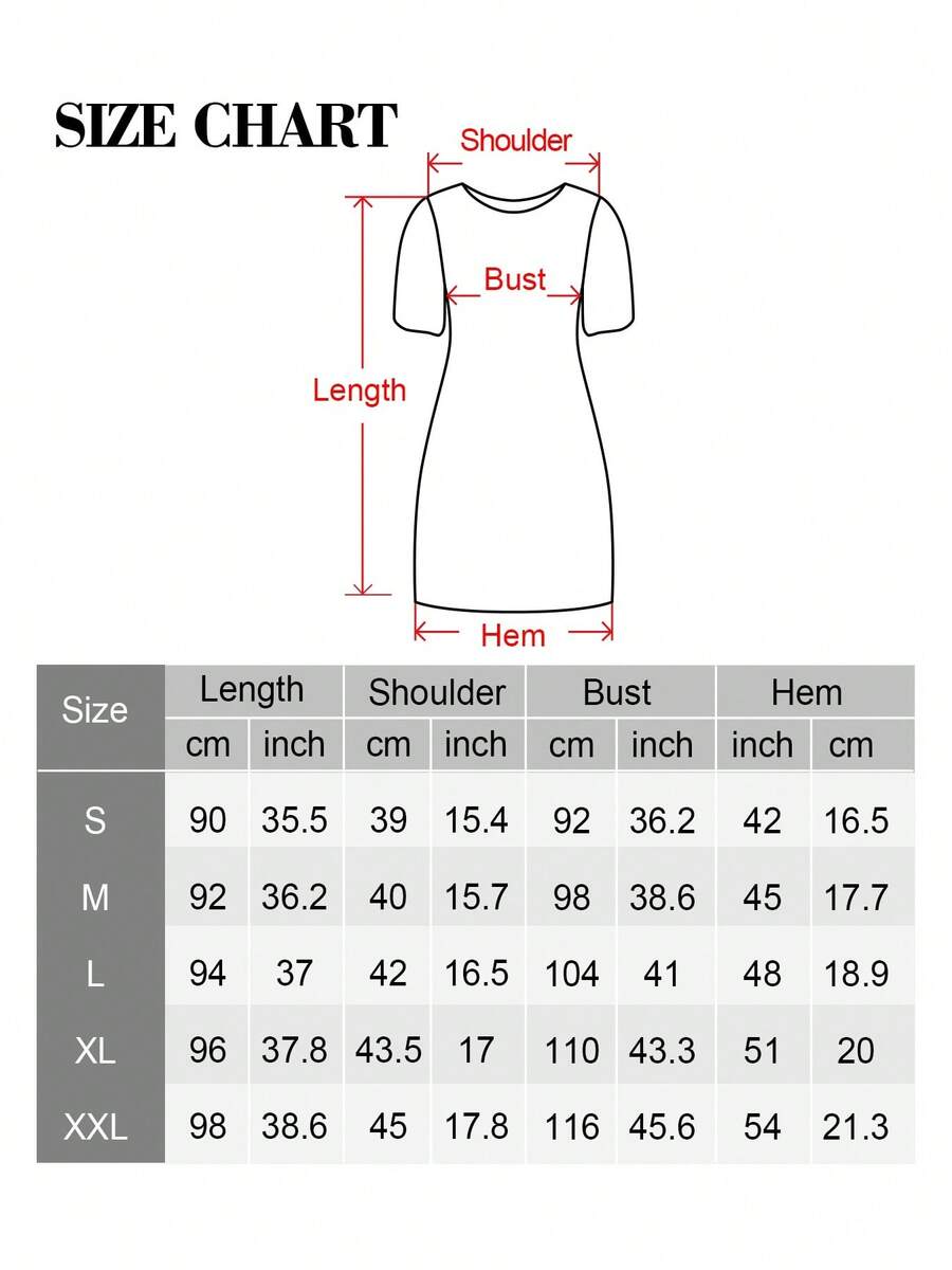 Size chart image for black short sleeve patriotic T-shirt dress