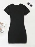 Back flat lay view of plain black short sleeve T-shirt mini dress