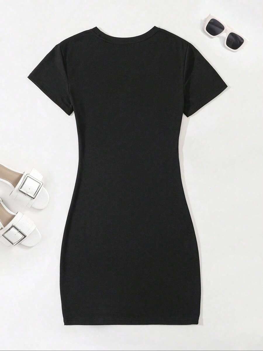 Back flat lay view of plain black short sleeve T-shirt mini dress