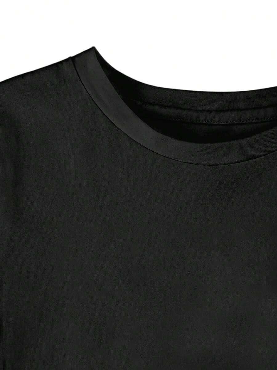 Close up of black crew neck detail on patriotic T-shirt dress
