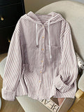 Detail view of Elegant Plus Size Striped Hooded Shirt  for Summer and Autumn - Lightweight & Stylish for everyday styling