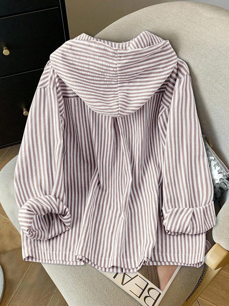 Detail view of Elegant Plus Size Striped Hooded Shirt  for Summer and Autumn - Lightweight & Stylish for everyday styling