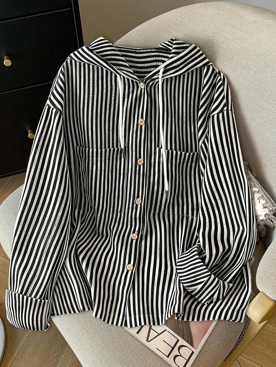 Detail view of Elegant Plus Size Striped Hooded Shirt  for Summer and Autumn - Lightweight & Stylish for everyday styling