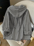 Detail view of Elegant Plus Size Striped Hooded Shirt  for Summer and Autumn - Lightweight & Stylish for everyday styling