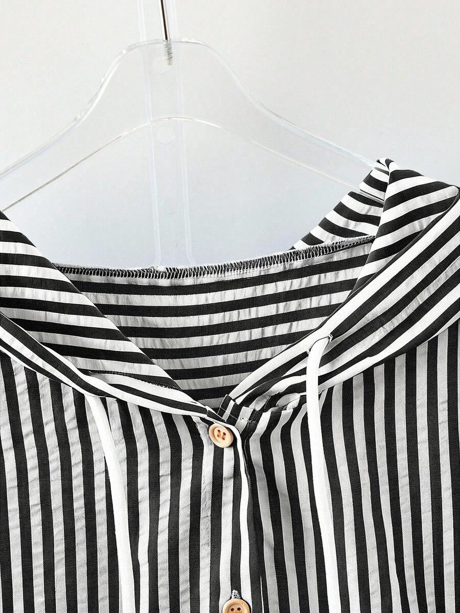 Detail view of Elegant Plus Size Striped Hooded Shirt  for Summer and Autumn - Lightweight & Stylish for everyday styling