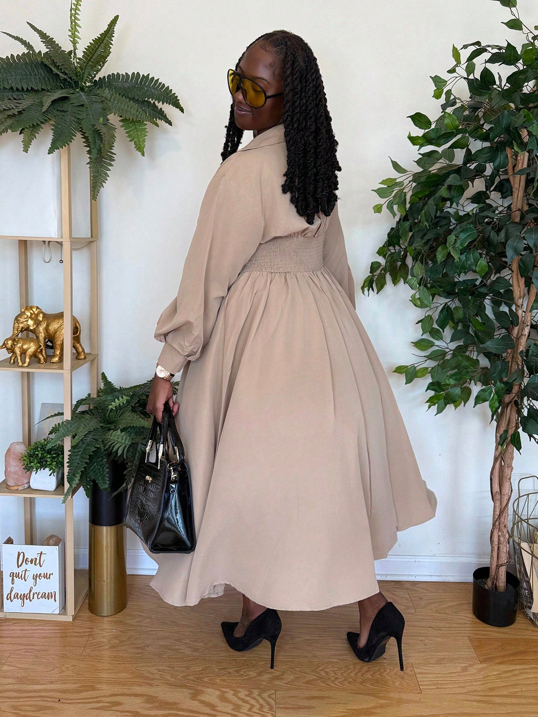 Embrace your curves with confidence in this stunning herringbone pencil dress, expertly tailored for pear-shaped figures. The fitted bodice skims your upper half while the strategically designed skirt provides comfortable room where you need it most. Long sleeves add sophistication and versatility, making it perfect for the office, date night, or weekend brunch. The classic herringbone pattern brings timeless elegance with a modern twist. Available in plus sizes, because fabulous comes in every size. Slip i